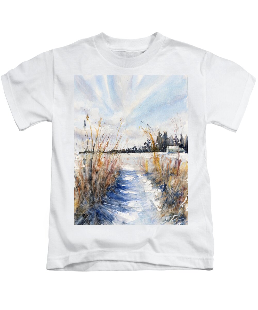 Watercolor Kids T-Shirt featuring the painting Path Shadows in the Way Back by Judith Levins