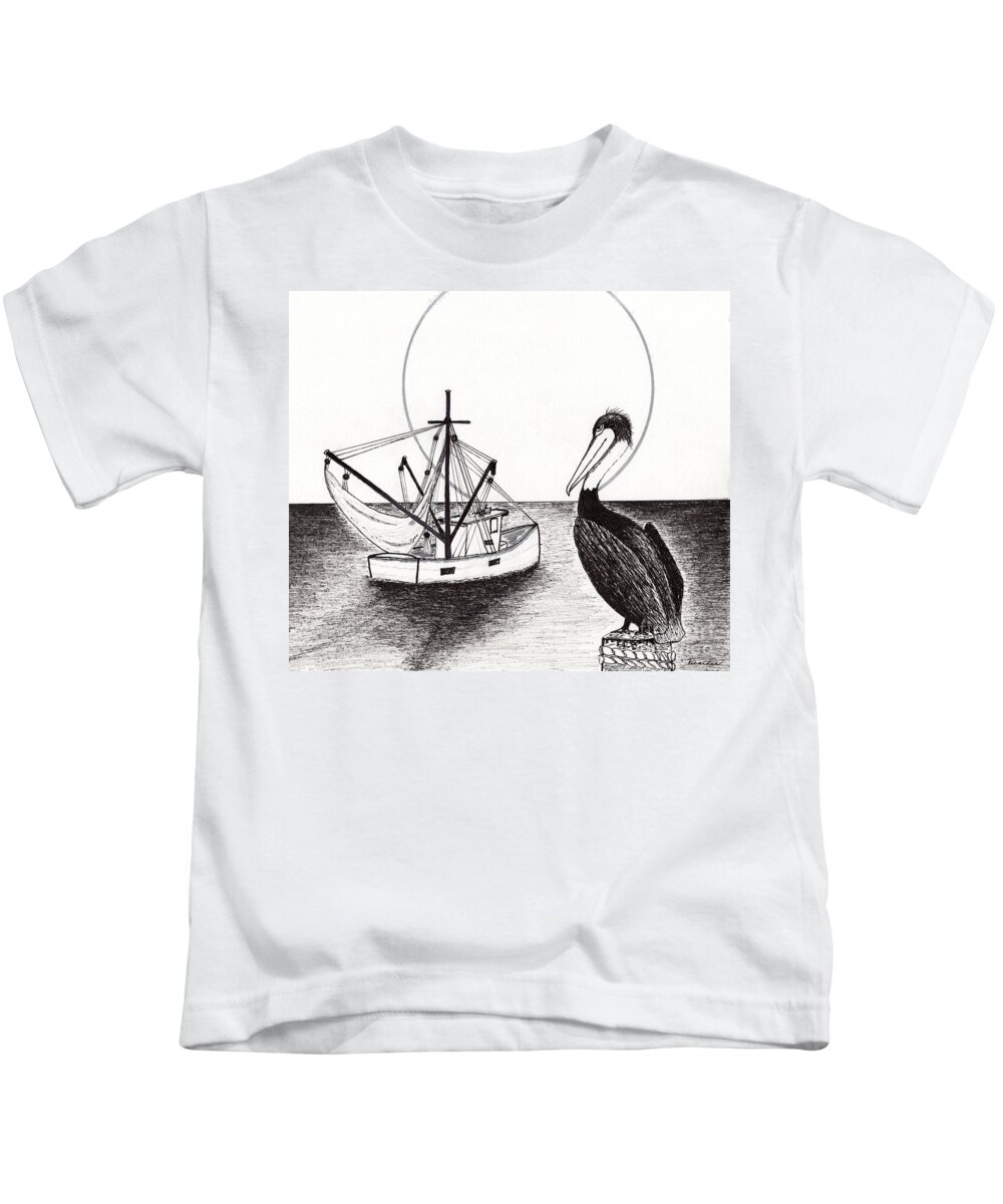 Pelican Kids T-Shirt featuring the drawing Pelican Fishing Paradise C1 by Ricardos Creations