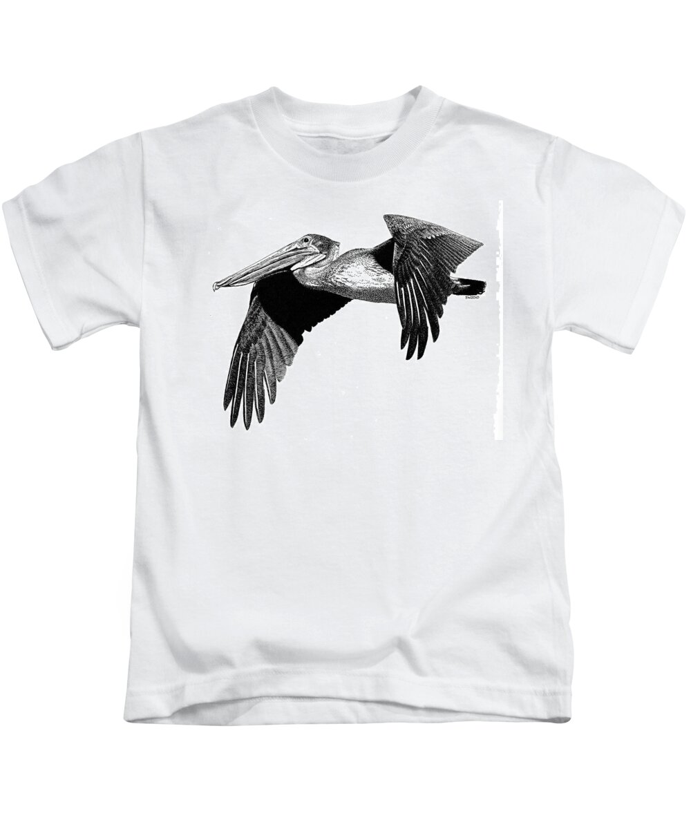 Pelican Kids T-Shirt featuring the drawing Pelican by Scott Woyak