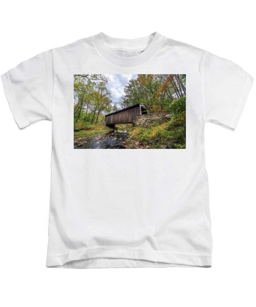 Bridge Kids T-Shirt featuring the photograph Pennsylvania Covered Bridge in Autumn by Patrick Wolf