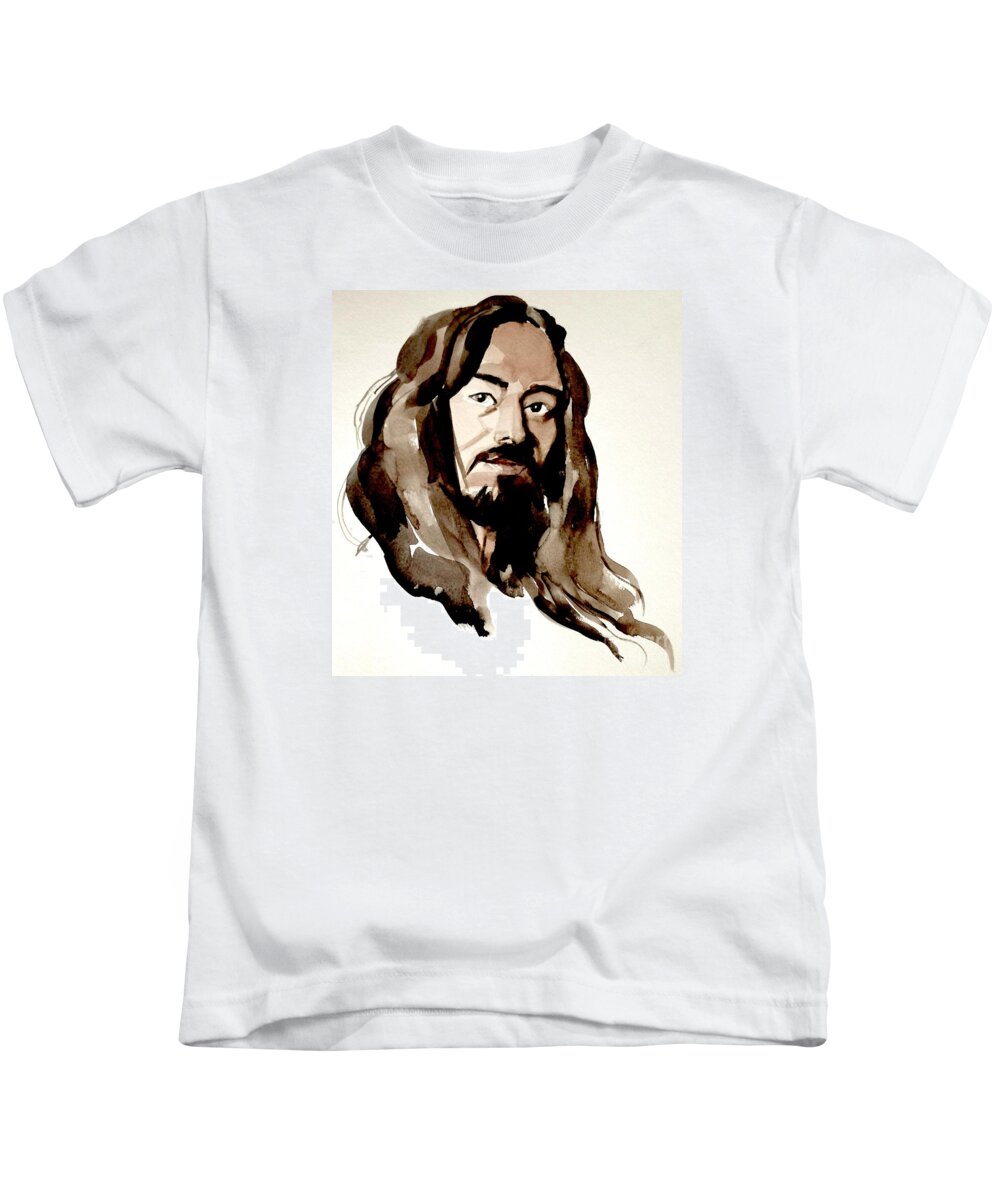 Portrait Kids T-Shirt featuring the painting Watercolor Portrait of a Man with Long Hair by Greta Corens