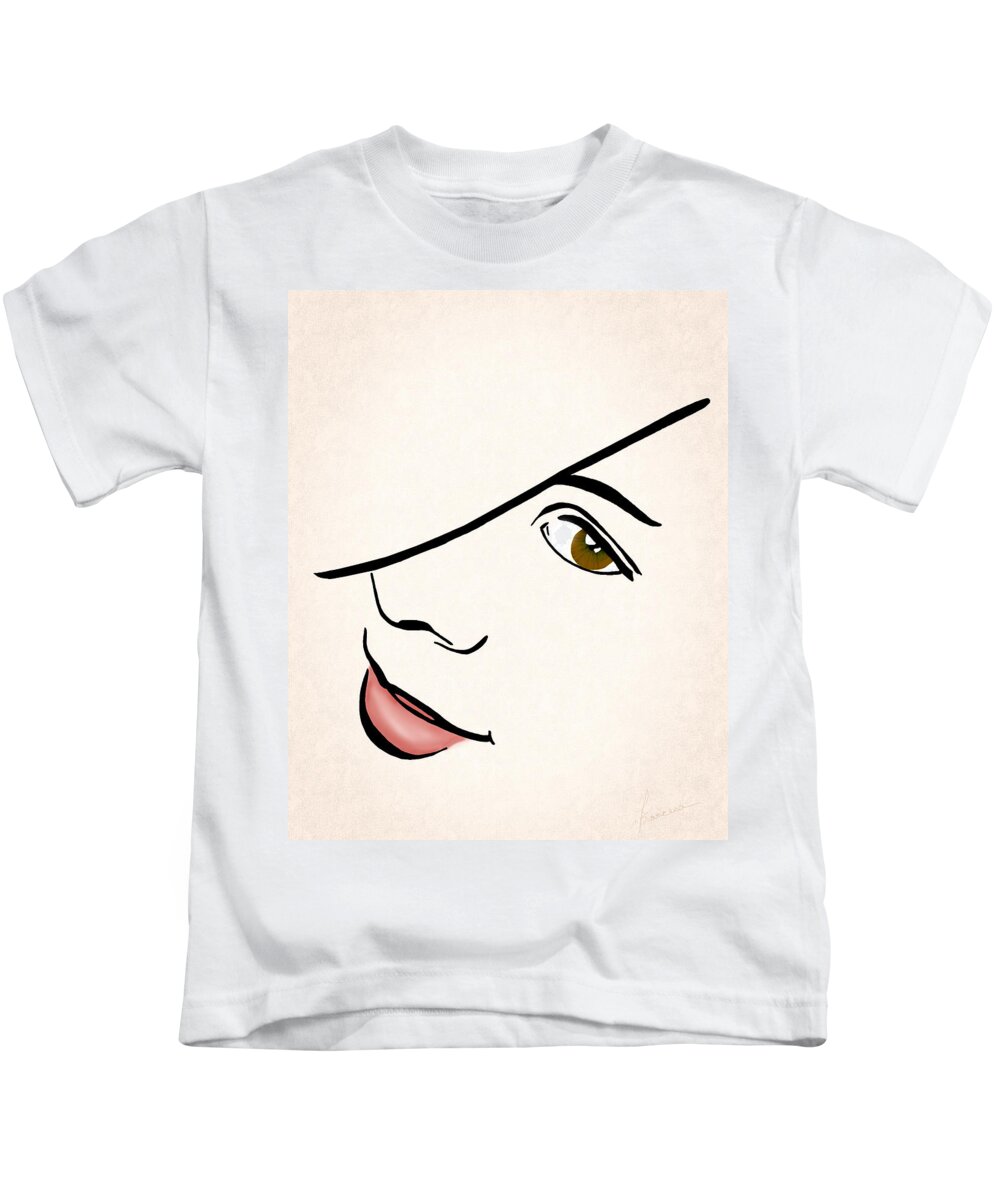 Beautiful; Beauty; Black; Expression; Eyes; Face; Fun; Female; Femininity; Girl; Glamour; Health; Human; Icon; Illustration; Isolated; Model; Happy; Smiling; Amused; Person; Portrait; Sensual; Sensuality; Stare; Woman; Teen Kids T-Shirt featuring the digital art Portrait in Line by Frances Miller