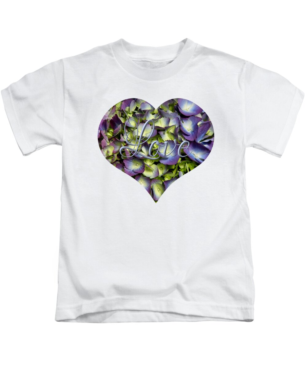 Purple And Cream Hydrangea Flowers Heart With Love Kids T-Shirt featuring the photograph Purple and Cream Hydrangea Flowers Heart with Love by Rose Santuci-Sofranko