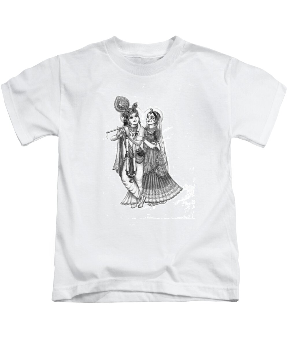 Line Art Kids T-Shirt featuring the drawing Radha and Krishna by Alexandra Bilbija