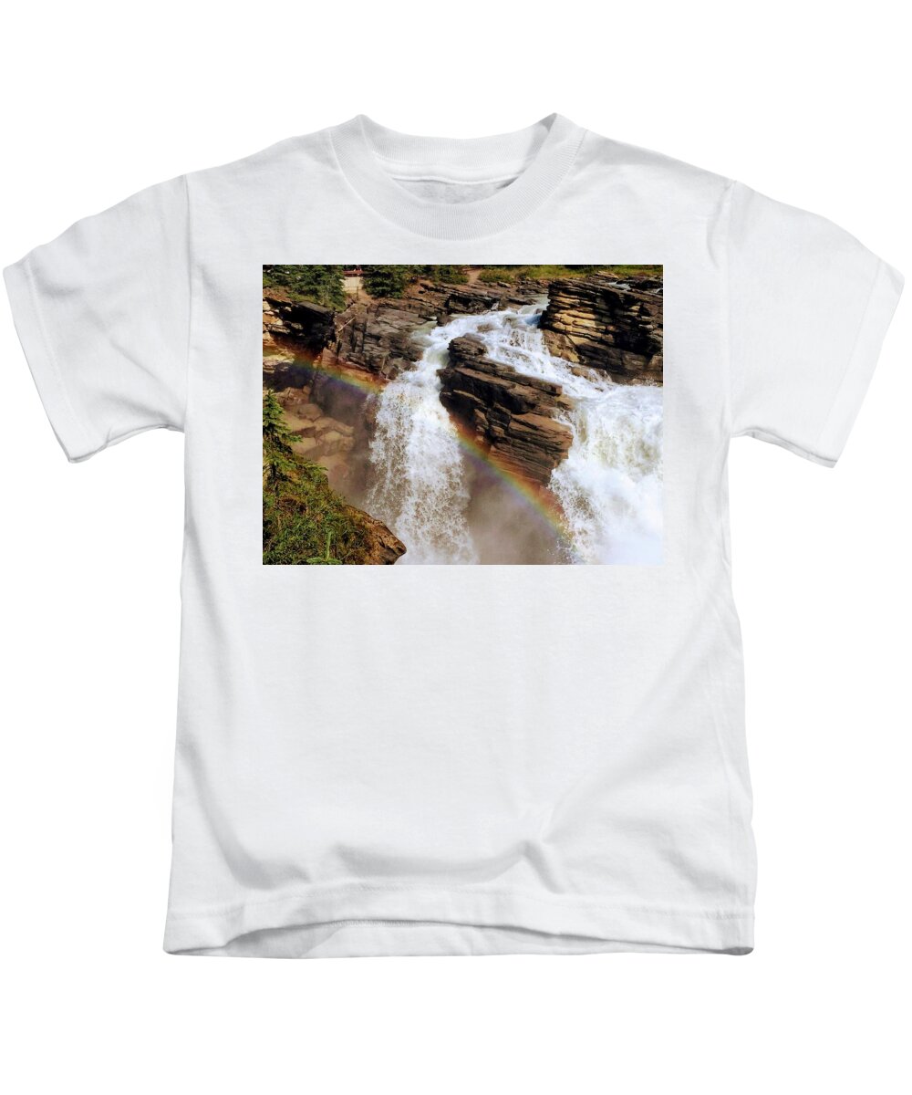 Rainbow. Athabasca Falls Kids T-Shirt featuring the photograph Rainbow at Athabasca Falls by David T Wilkinson