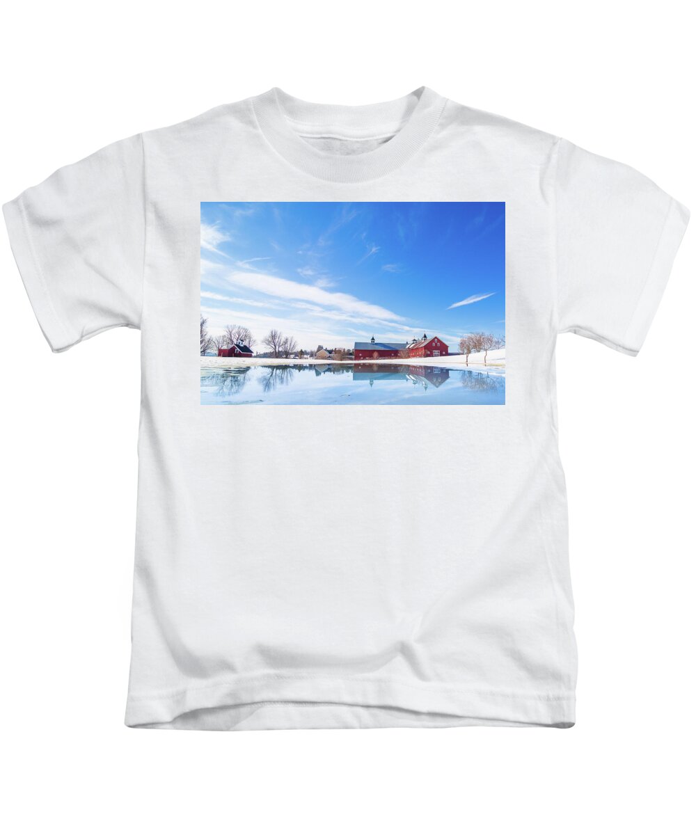 Reflection Kids T-Shirt featuring the photograph Reflection of a Barn in Winter by Tim Kirchoff