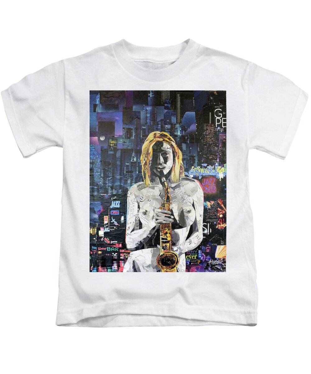 Female Nude Kids T-Shirt featuring the mixed media Sax in the City by James Hudek