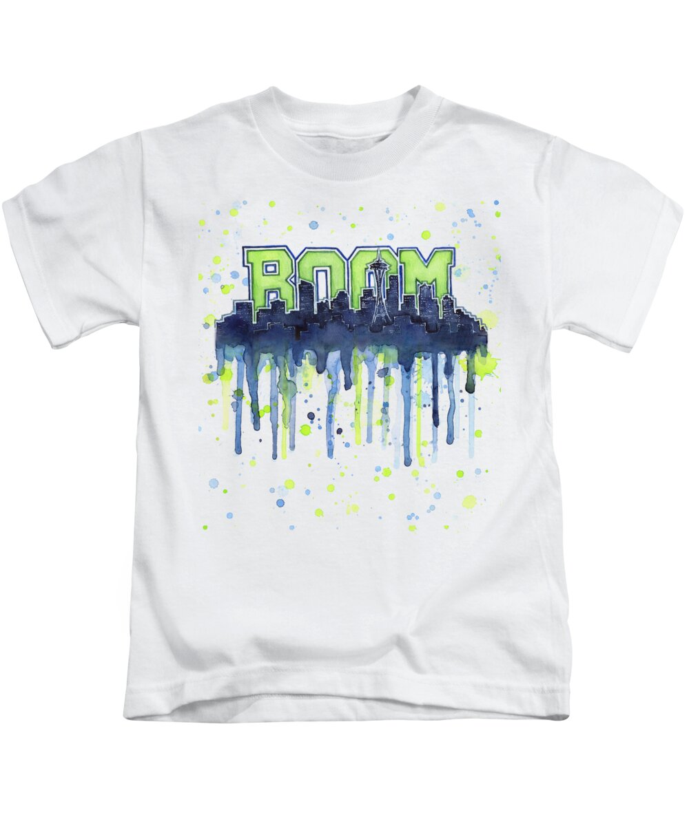 Seattle Kids T-Shirt featuring the painting Seattle 12th Man Legion of Boom Watercolor by Olga Shvartsur
