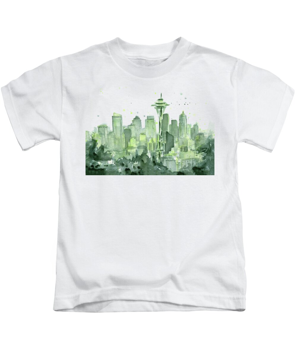 Seattle Kids T-Shirt featuring the painting Seattle Watercolor by Olga Shvartsur