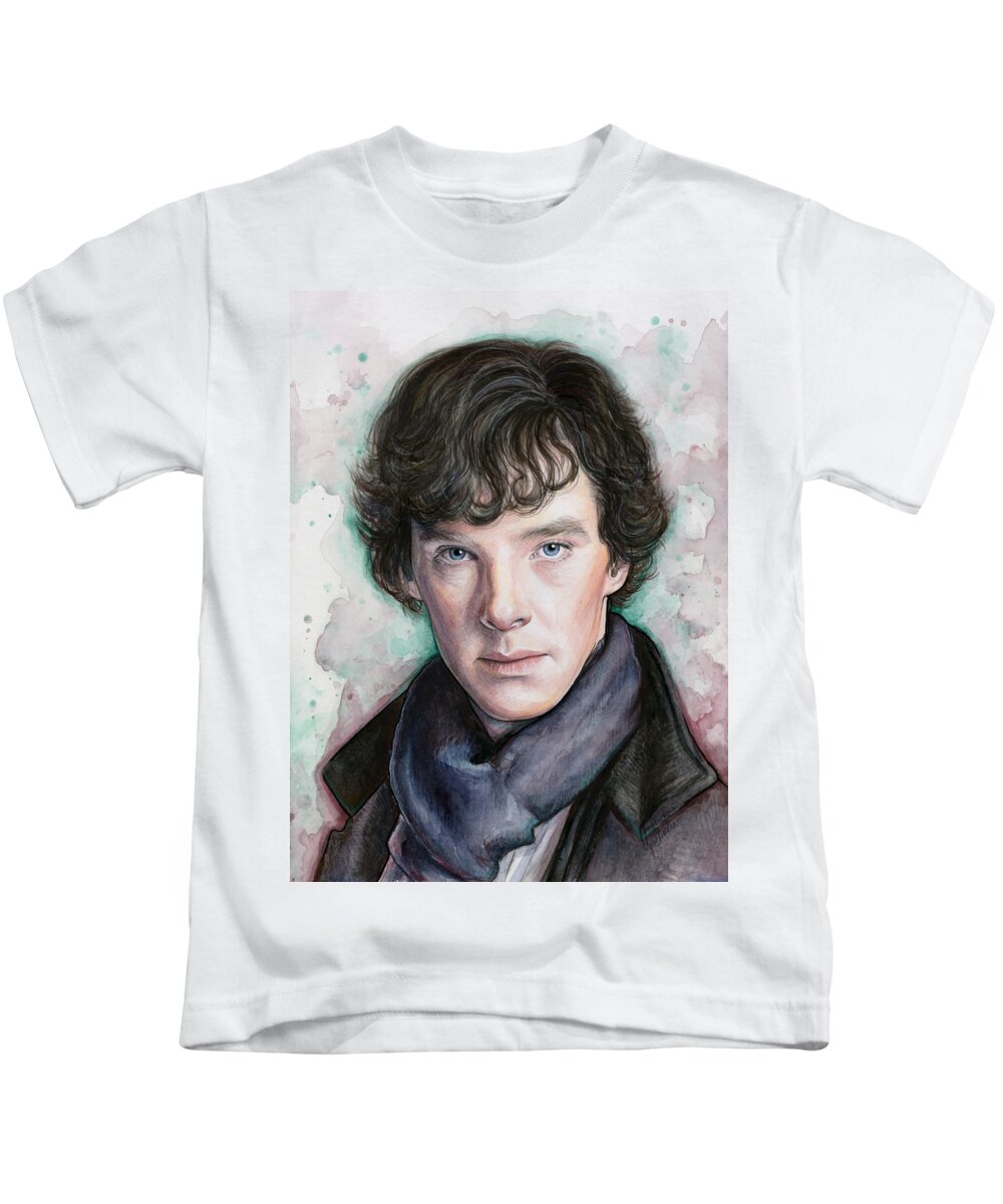 Sherlock Kids T-Shirt featuring the painting Sherlock Holmes Portrait Benedict Cumberbatch by Olga Shvartsur