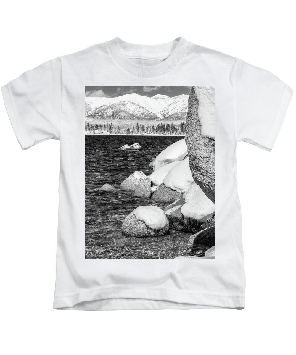 Lake Kids T-Shirt featuring the photograph Shoreline Snow by Martin Gollery