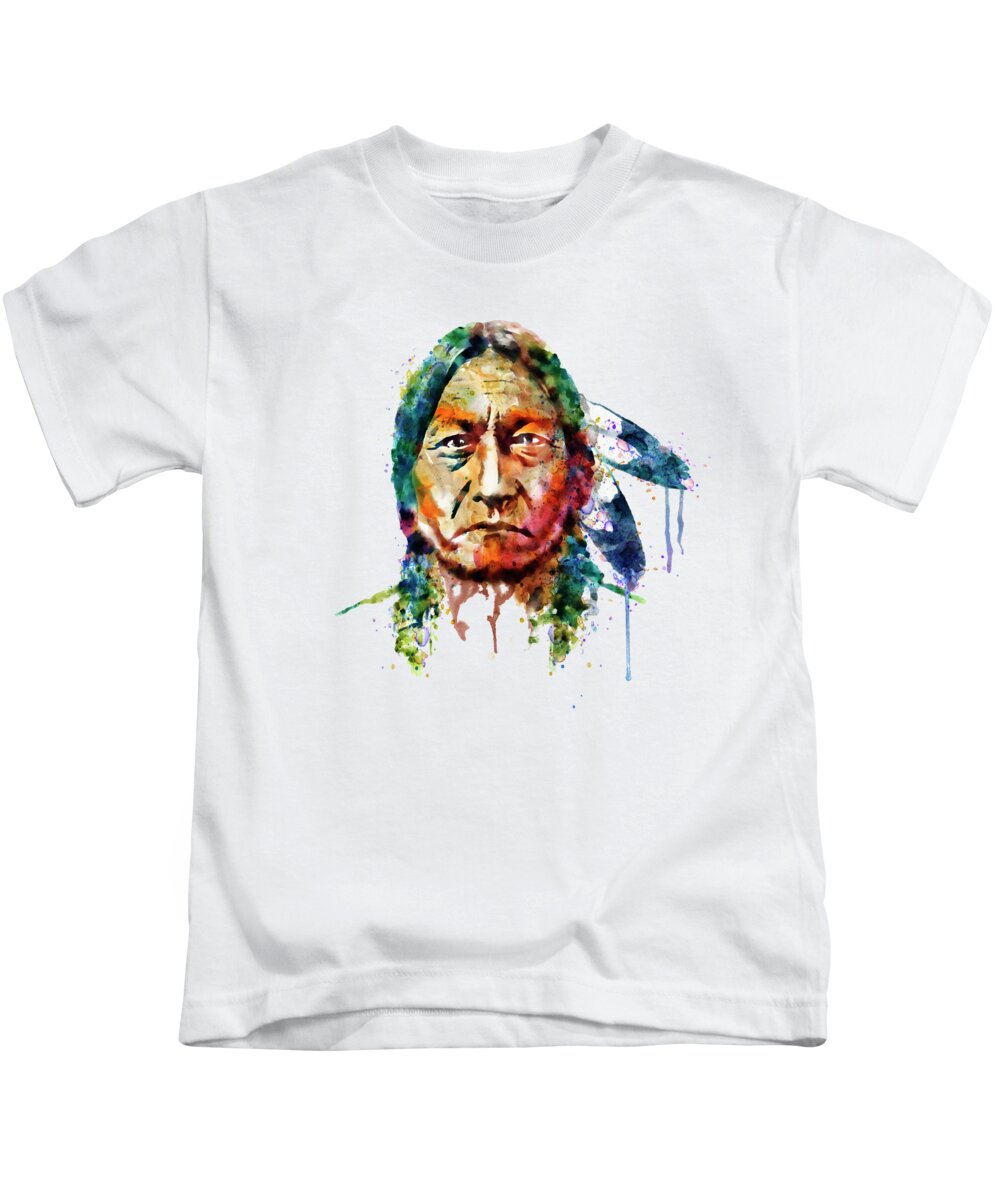 Sitting Bull Kids T-Shirt featuring the painting Sitting Bull watercolor painting by Marian Voicu