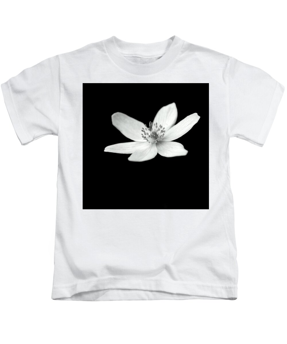 Monochrome Flower Petals Stamens On-black On-dark Kids T-Shirt featuring the photograph Six petals in monochrome by Ian Sanders