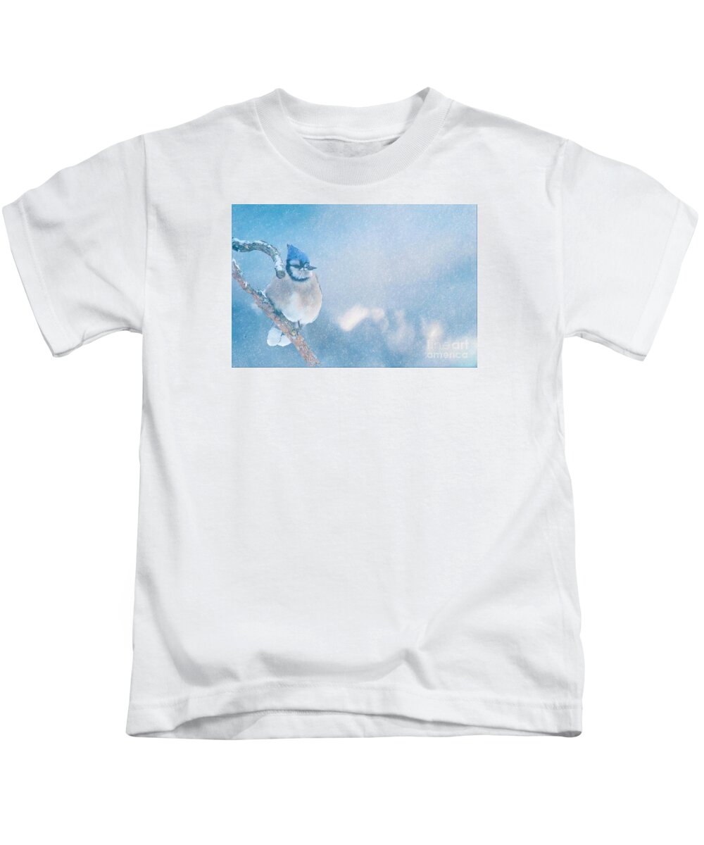 Blue Jay Kids T-Shirt featuring the photograph Small Blue Jay in Snowstorm by Janette Boyd