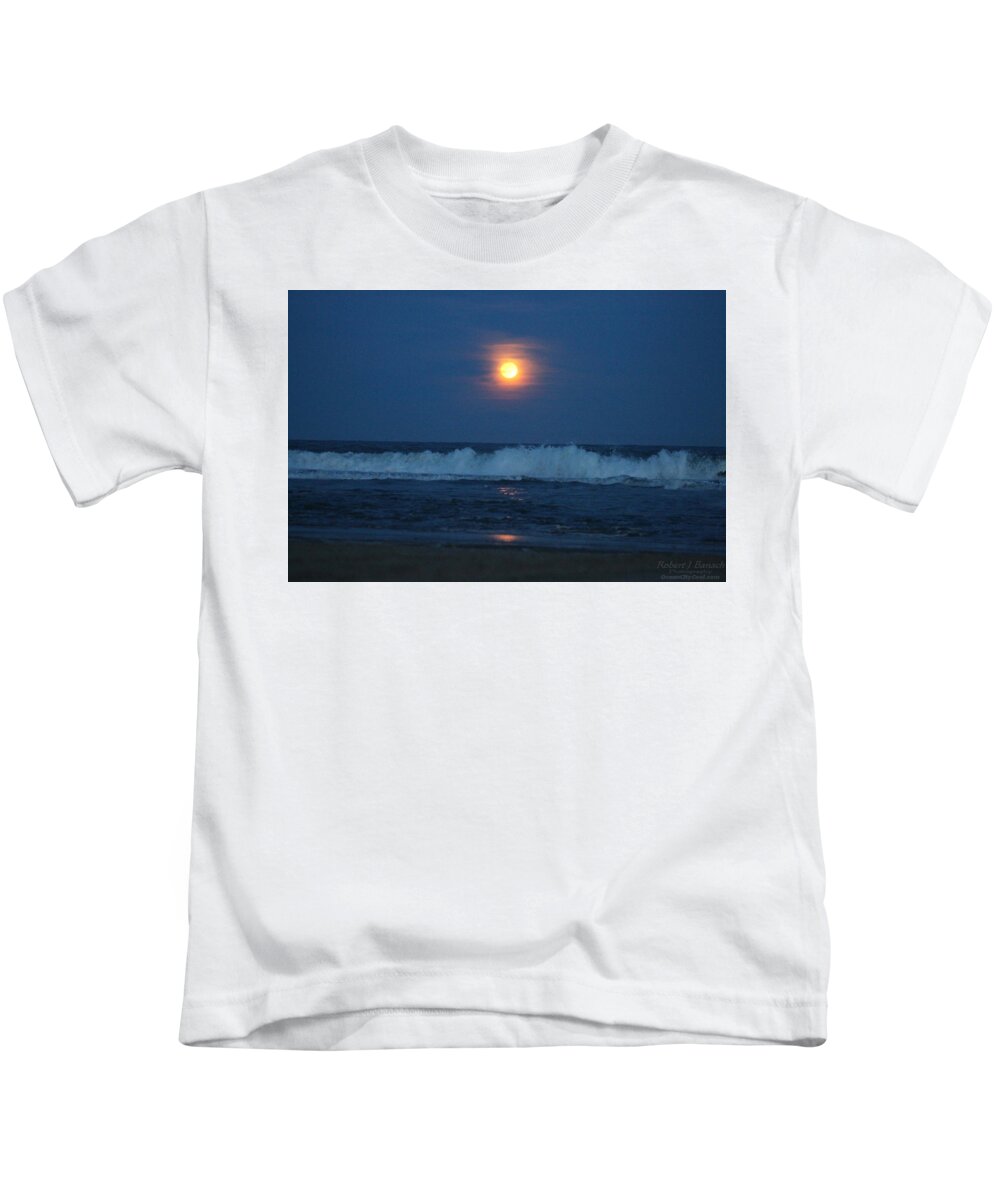 Snow Moon Kids T-Shirt featuring the photograph Snow Moon Ocean Waves by Robert Banach