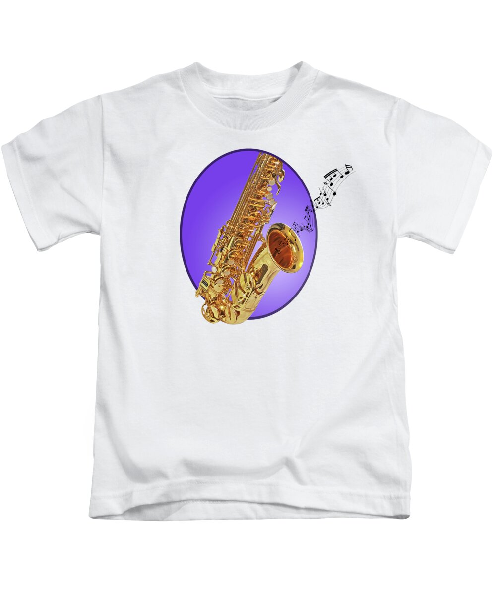 Music Kids T-Shirt featuring the photograph Sounds of the Sax in Purple by Gill Billington