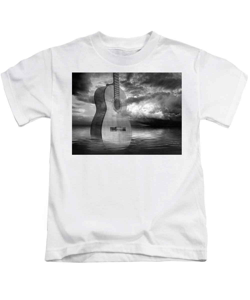 Acoustic Guitar Kids T-Shirt featuring the photograph Stormy Night Blues - Acoustic Guitar In Black And White by Gill Billington