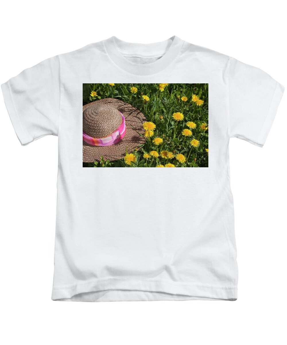 Dandelions Kids T-Shirt featuring the photograph Straw Hat in a Field of Dandelions by C VandenBerg