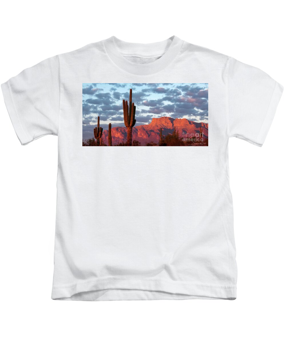 Superstition Mountain Kids T-Shirt featuring the photograph Superstitions Mt Pink Custom Pano by Joanne West