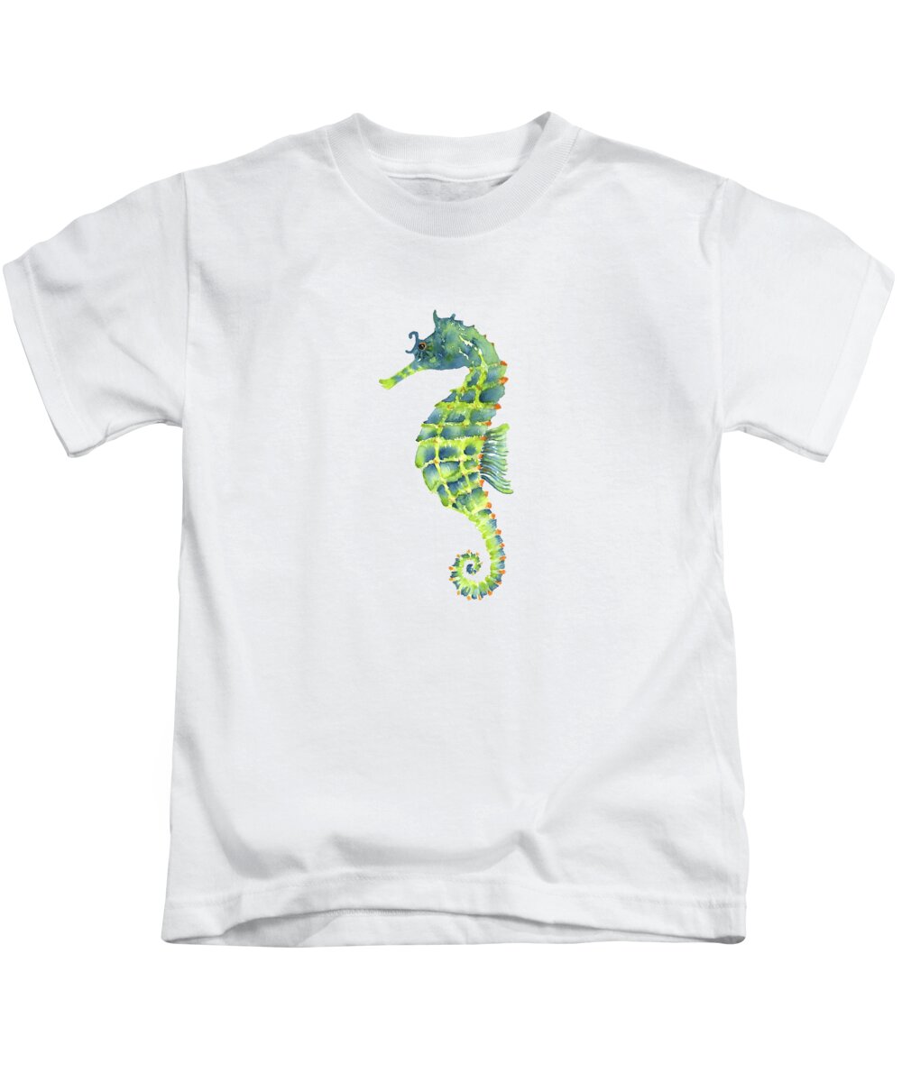 Seahorse Painting Kids T-Shirt featuring the painting Teal Green Seahorse - Square by Amy Kirkpatrick