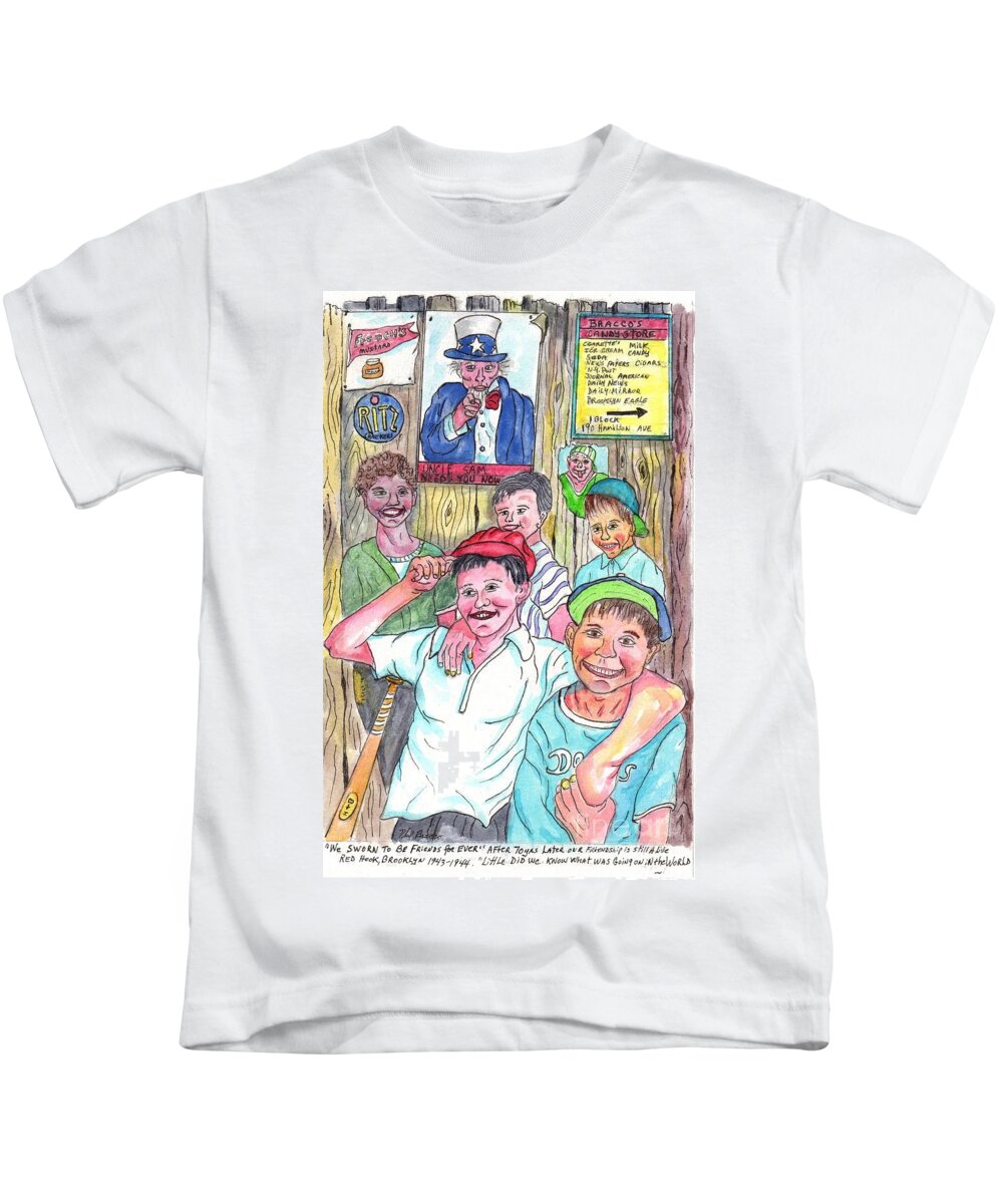 1940's Artist Ball Game Bklyn  Fine Art Fine Art Photography Life On The Porch Life On The Stoop Phil Bracco Philip Bracco Red Hook Robbie Bracco Robbiebracco Robbie Bracco Kids T-Shirt featuring the painting The Boys Of Spring by Philip And Robbie Bracco