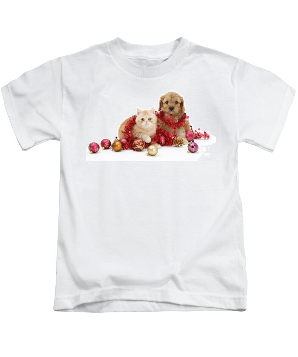 Golden Cockapoo Kids T-Shirt featuring the photograph The Christmas tree Destroyers by Warren Photographic
