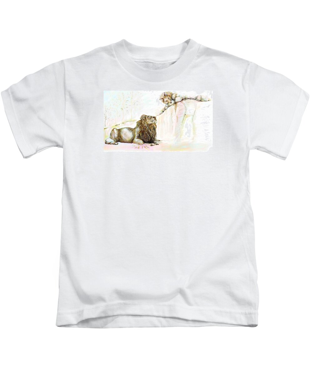 Lion Kids T-Shirt featuring the painting The Lion and The Fox 1 - The First Meeting by Sukalya Chearanantana