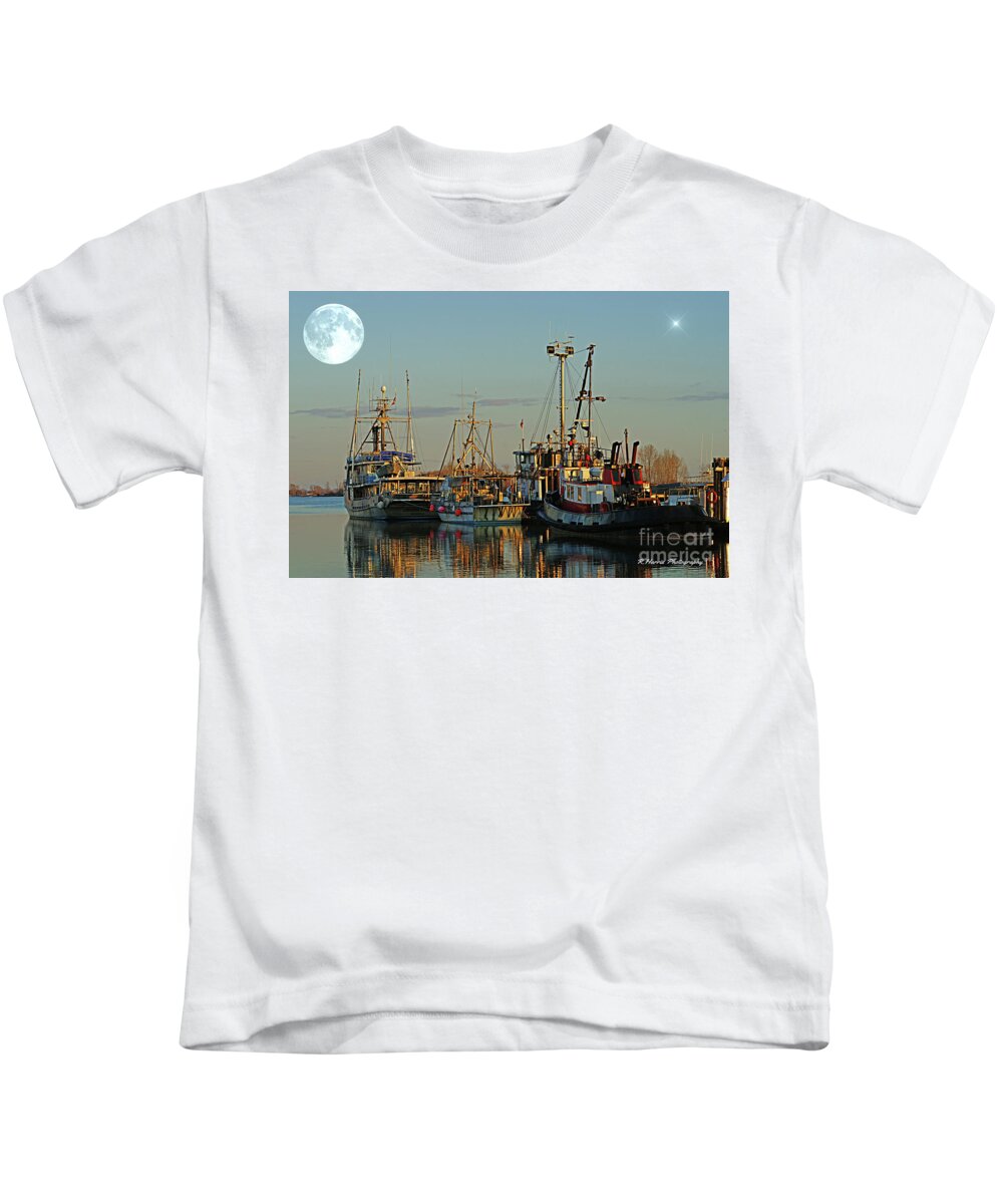 Boats Kids T-Shirt featuring the photograph The Moon over the Fishing Boats by Randy Harris