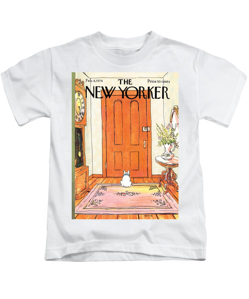Animal Dog Pet Loyal Impatience Stain Carpet Canine Waiting Master Home Front Door #condenastnewyorkercover Kids T-Shirt featuring the photograph The Long Wait by George Booth
