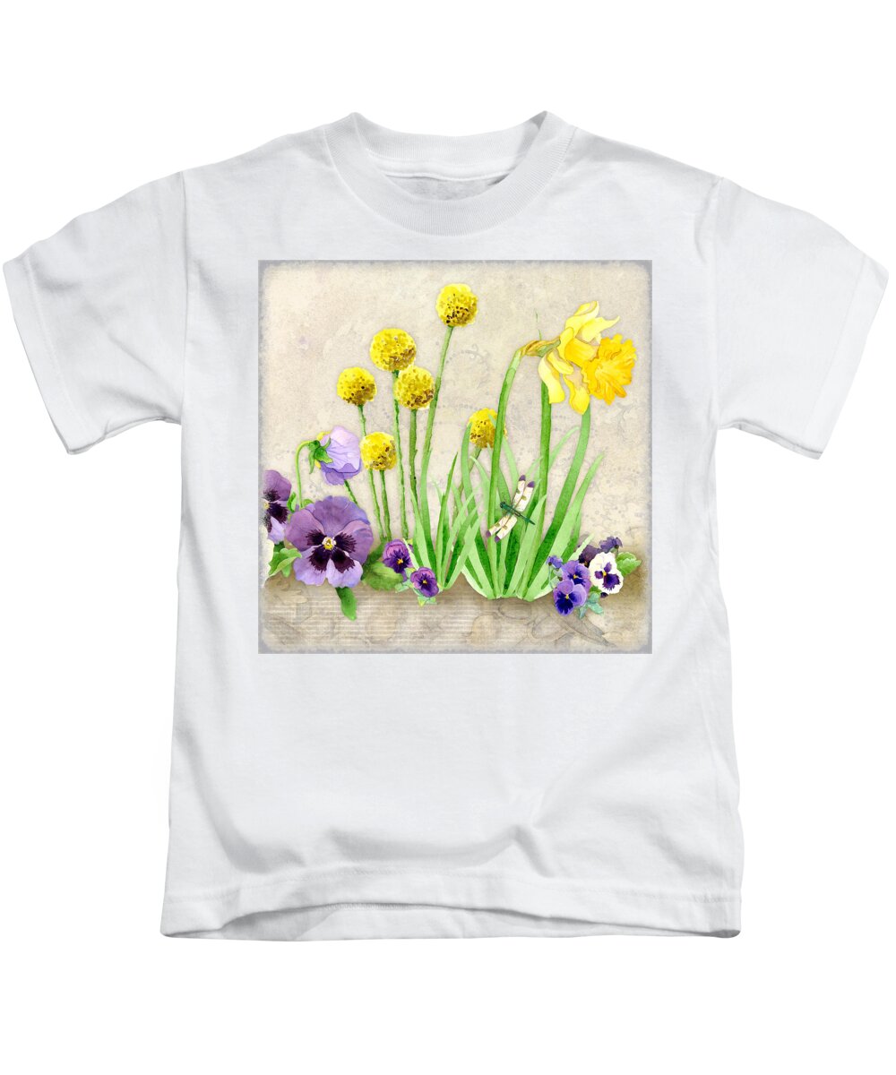 Pansy Kids T-Shirt featuring the painting The Promise of Spring - Dragonfly by Audrey Jeanne Roberts