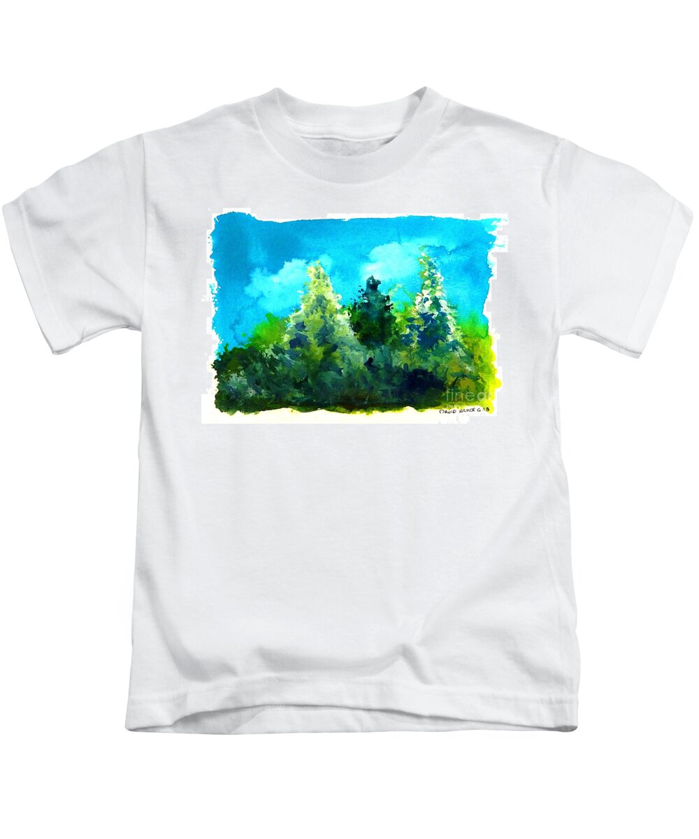 Landscape Kids T-Shirt featuring the painting Three Evergreens by David Neace