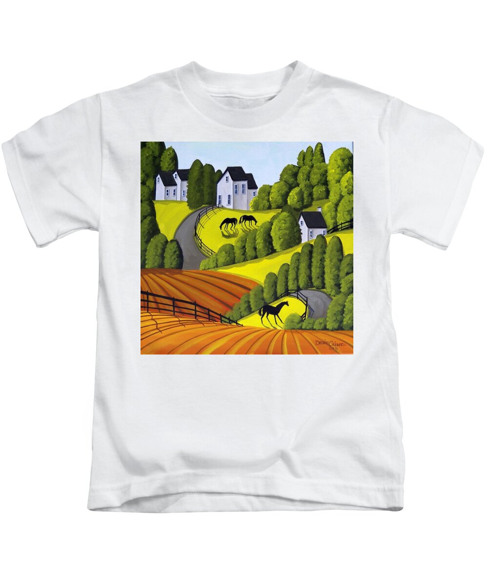 Horses Kids T-Shirt featuring the painting Three Ponies - horse landscape by Debbie Criswell