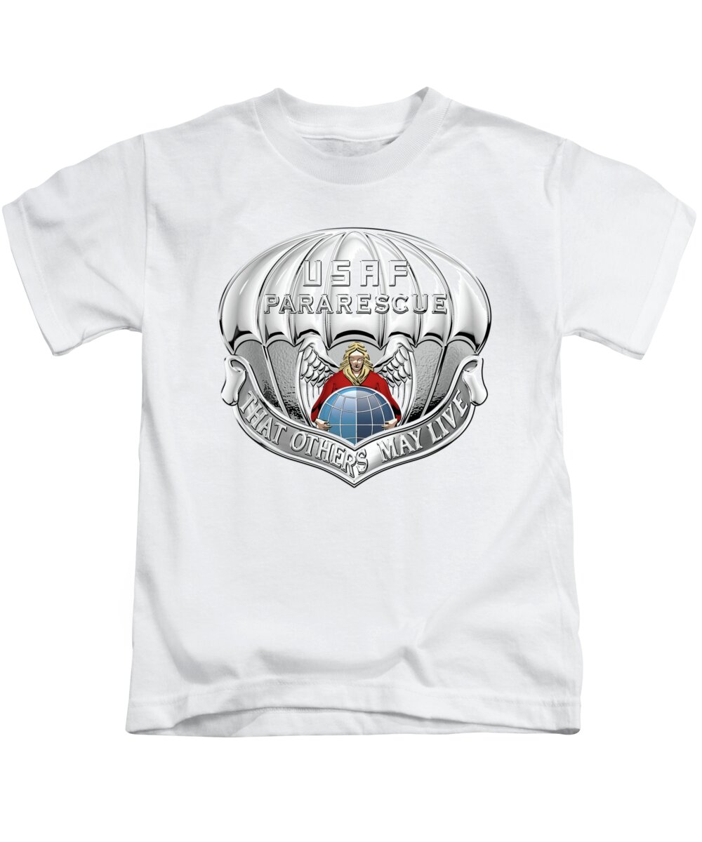 'military Insignia & Heraldry' Collection By Serge Averbukh Kids T-Shirt featuring the digital art U. S. Air Force Pararescuemen - P J Badge over White Leather by Serge Averbukh