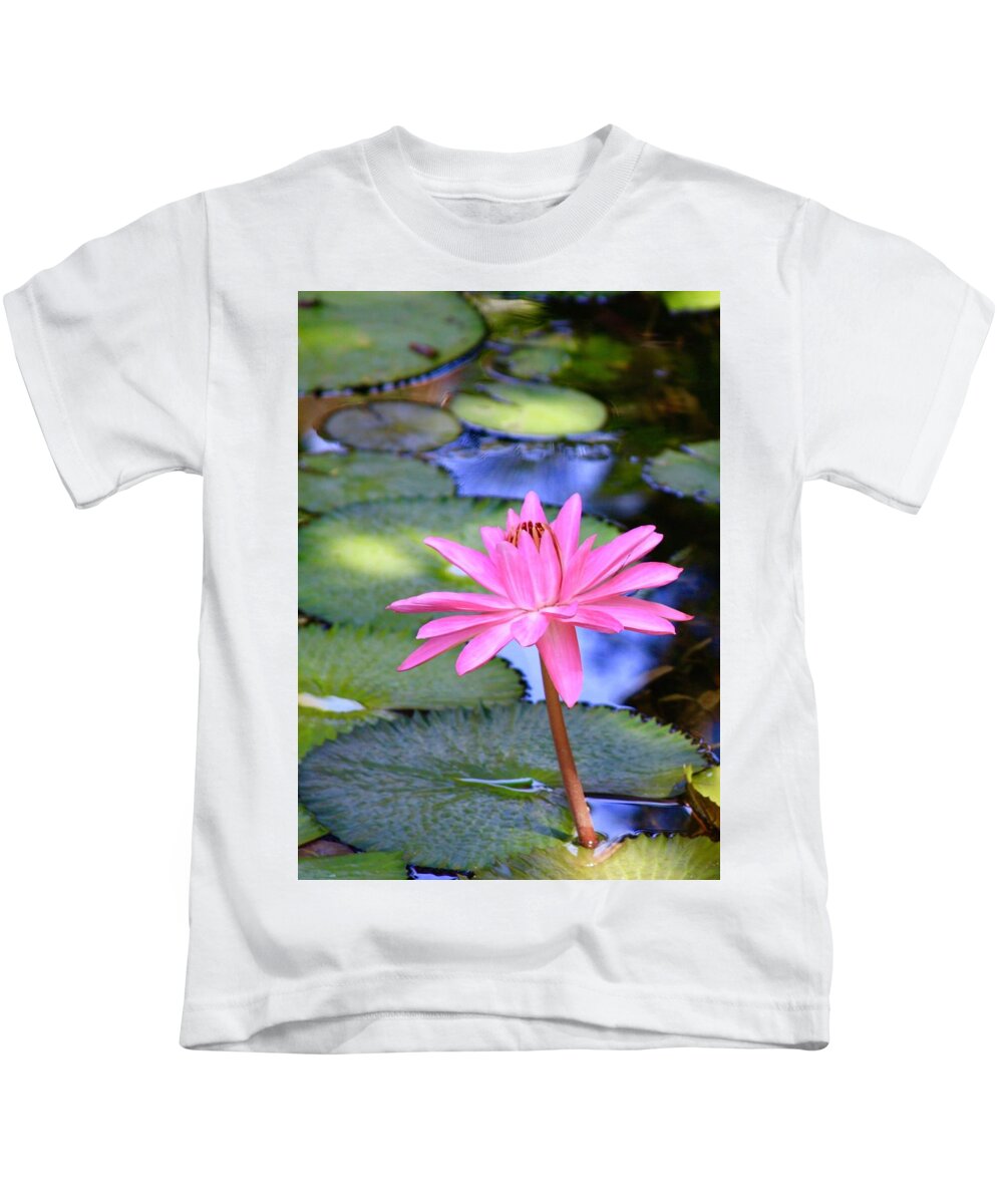 Mckee Botanical Garden Kids T-Shirt featuring the photograph Vibrant Pink Lotus on The Pond by M E