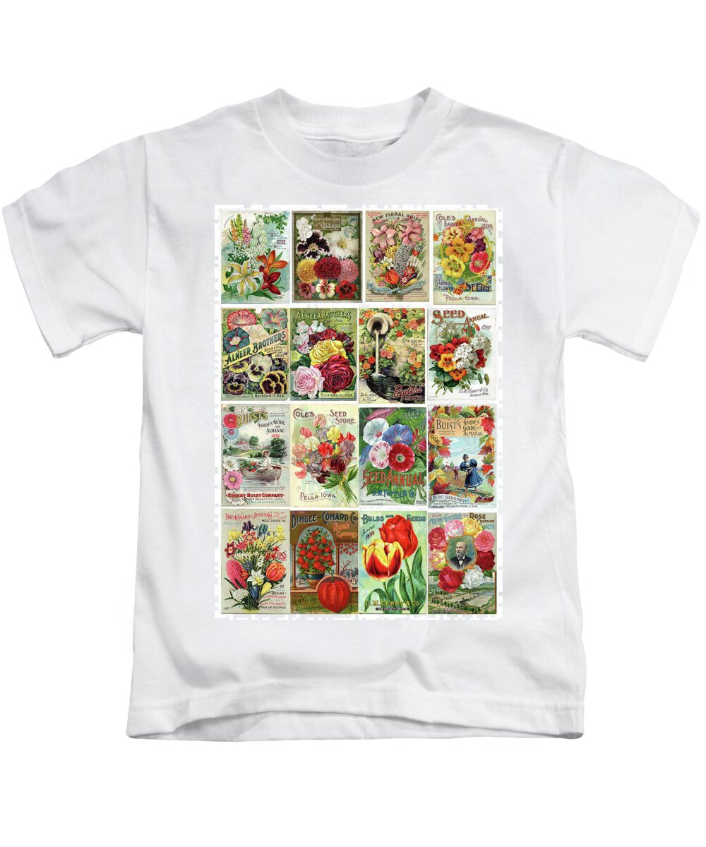 Flower Seeds Kids T-Shirt featuring the painting Vintage Flower Seed Packets 1 by Peggy Collins