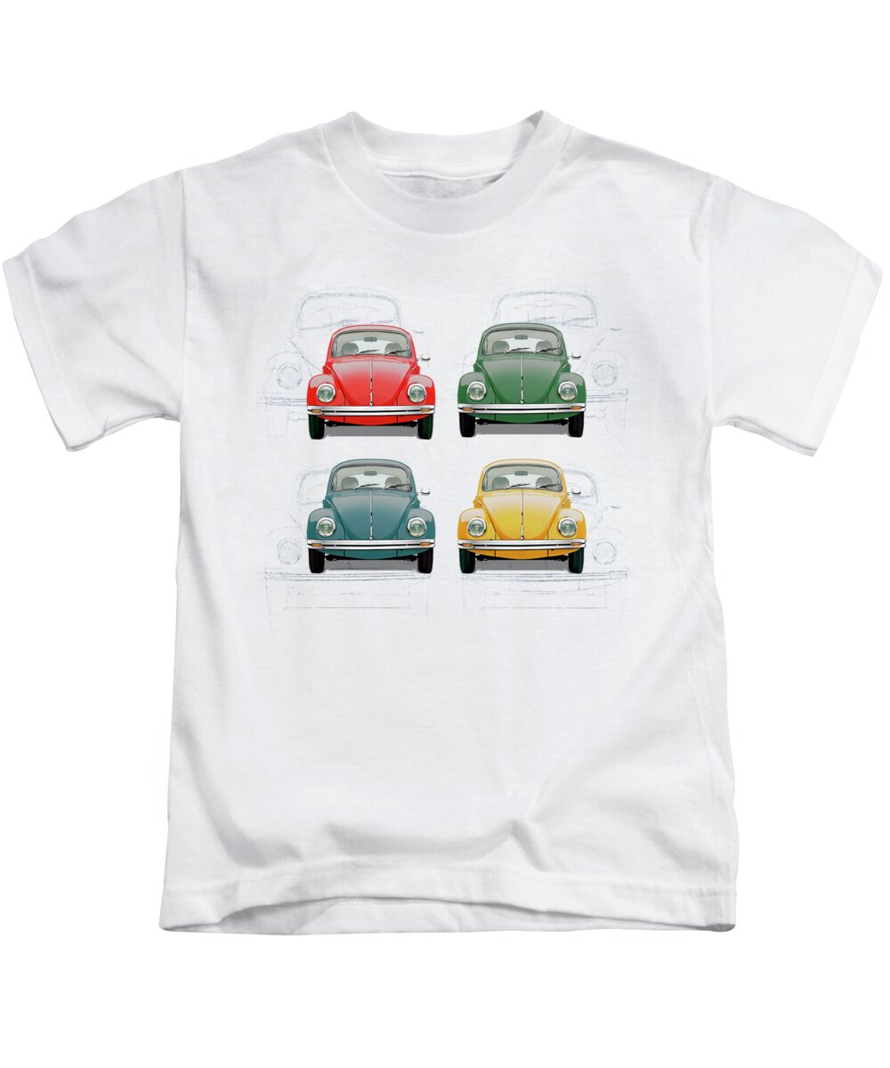 'volkswagen - Bugs And Buses' Collection By Serge Averbukh Kids T-Shirt featuring the digital art Volkswagen Type 1 - Variety of Volkswagen Beetle on Vintage Background by Serge Averbukh