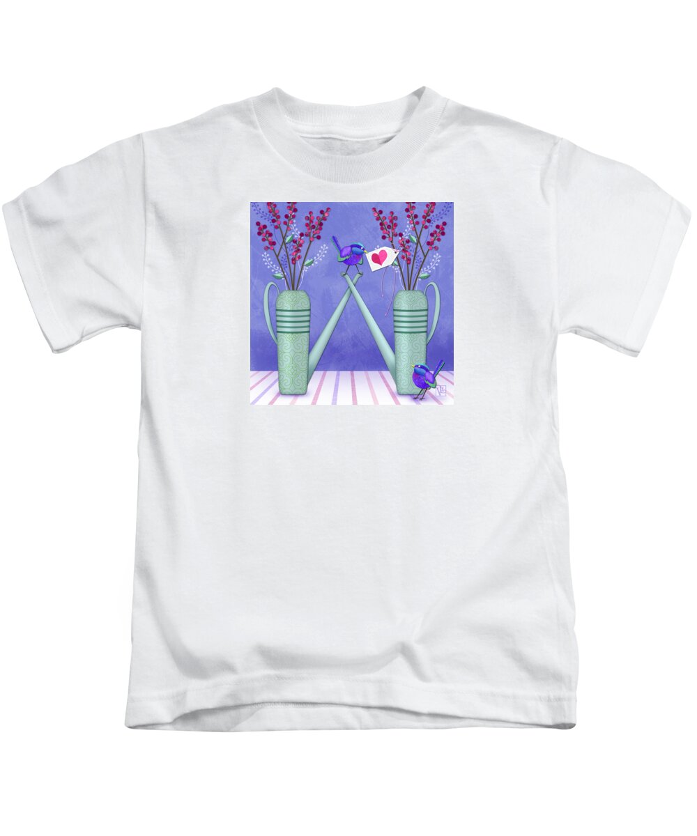 Letter W Kids T-Shirt featuring the digital art W is for Watering Cans and Wonderful Wrens by Valerie Drake Lesiak