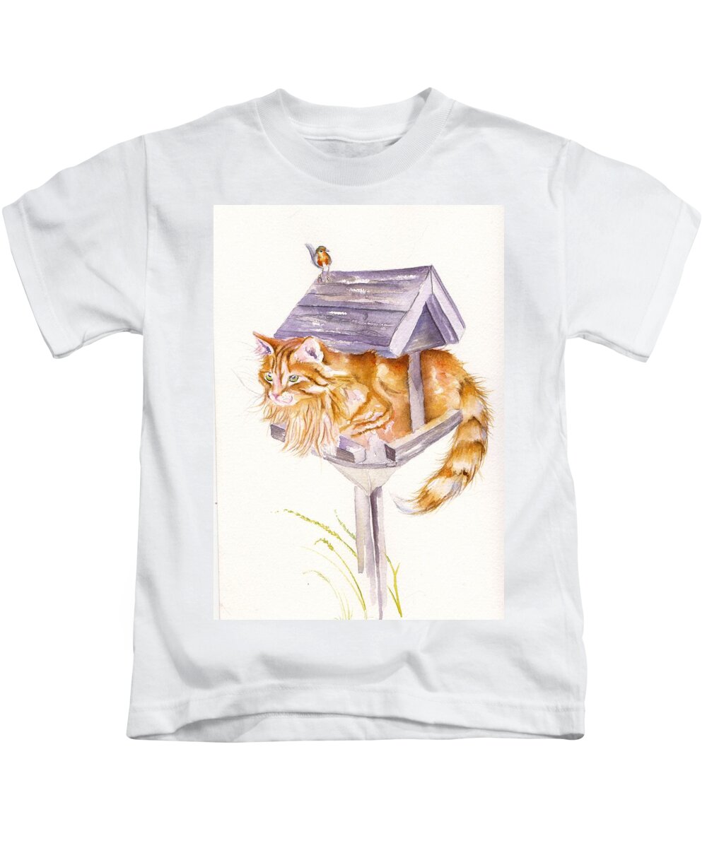 Ginger Kids T-Shirt featuring the painting Waiting for Lunch - long haired Tabby Cat by Debra Hall