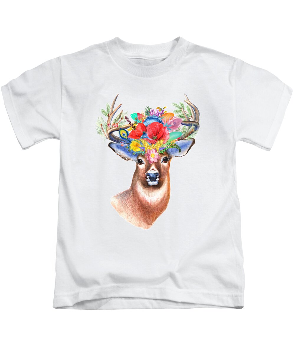 Stag Kids T-Shirt featuring the painting Watercolor Fairytale Stag With Crown Of Flowers by Modern Art