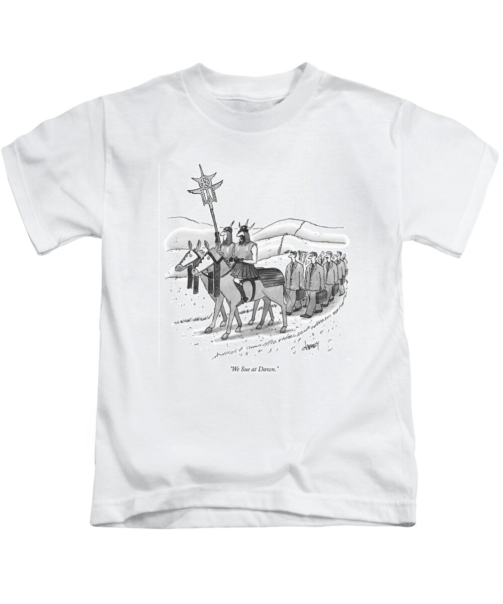 We Sue At Dawn. Kids T-Shirt featuring the drawing We Sue at Dawn by Tom Cheney