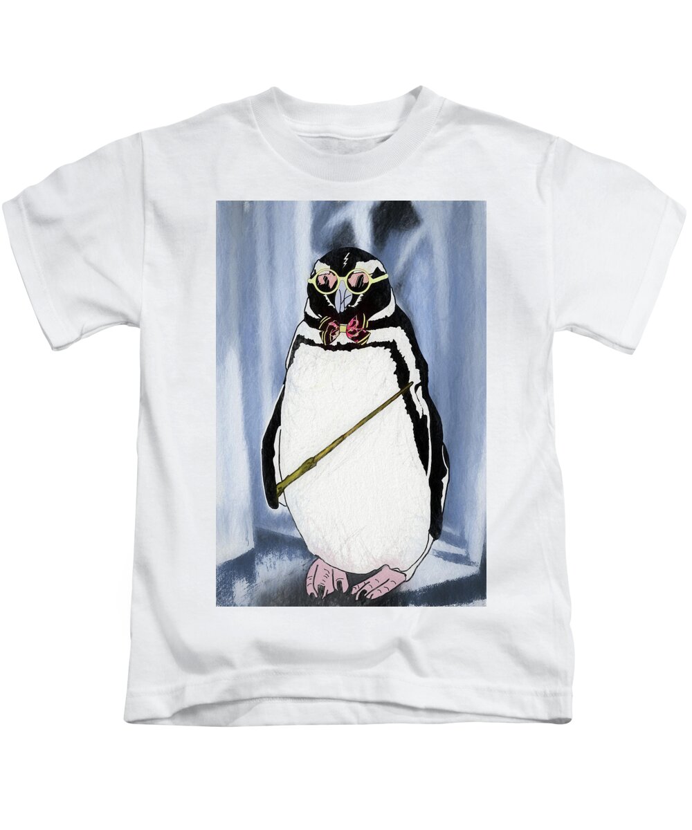 Penguins Kids T-Shirt featuring the digital art When Penguins Apply to Hogwarts by John Haldane