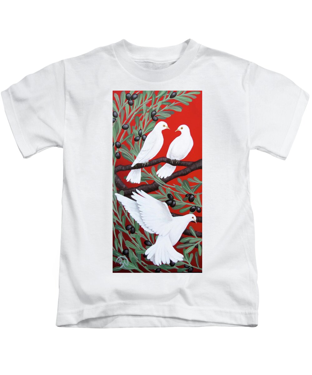 White Kids T-Shirt featuring the painting White Doves Among Olive Branches by Renee Noel