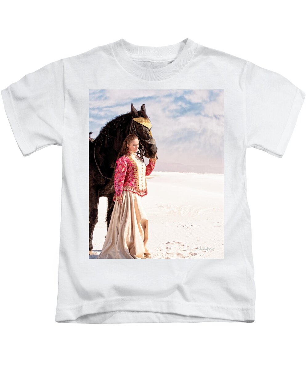 White Sands Kids T-Shirt featuring the photograph White Sands Horse and Rider #2a by Walter Herrit