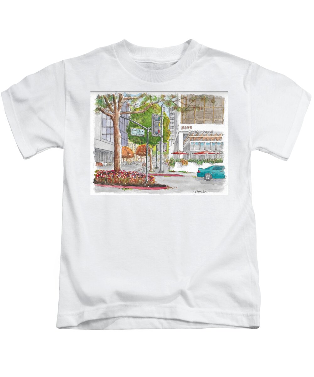 Outdoors Kids T-Shirt featuring the painting Wilshire Blvd. and Camden Dr. in Beverly Hills, California by Carlos G Groppa