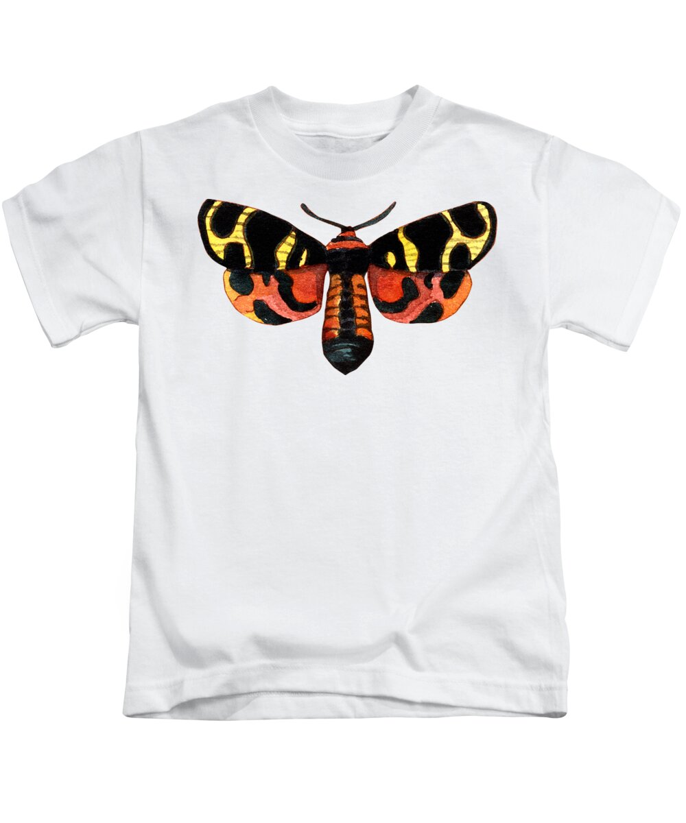 Tropical Kids T-Shirt featuring the painting Winged Jewels 5, Watercolor Moth Black Yellow Orange and Red Tropical by Audrey Jeanne Roberts
