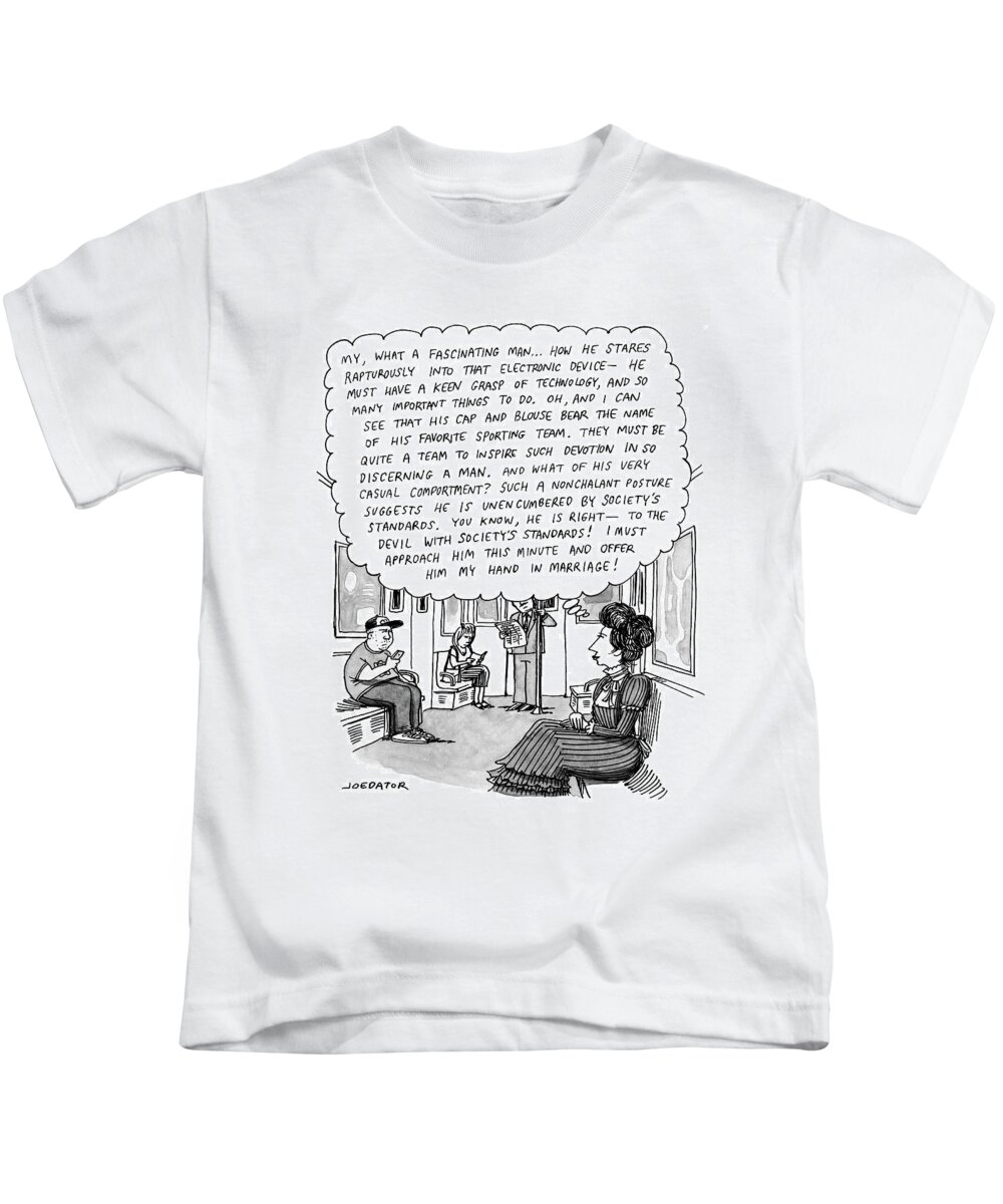 Elizabethan Kids T-Shirt featuring the drawing Woman on the subway has lengthy and descriptive thoughts about a man across from her. by Joe Dator