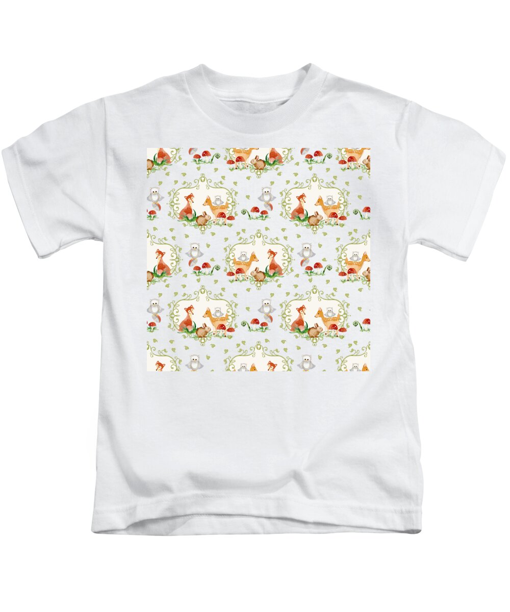 Grey Kids T-Shirt featuring the painting Woodland Fairy Tale - Warm Grey Sweet Animals Fox Deer Rabbit owl - Half Drop Repeat by Audrey Jeanne Roberts
