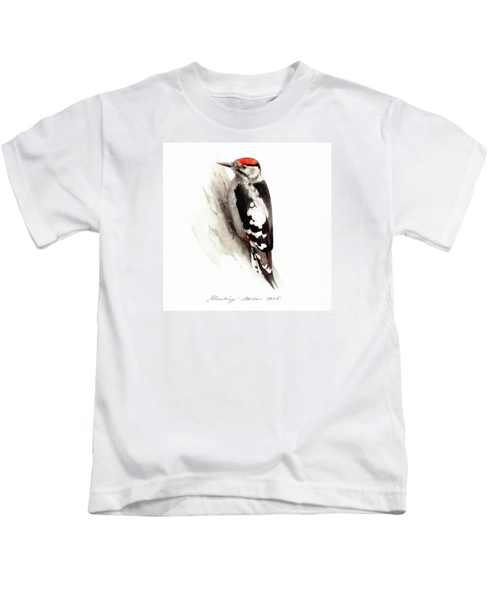 Woodpecker Kids T-Shirt featuring the painting Woodpecker by Attila Meszlenyi
