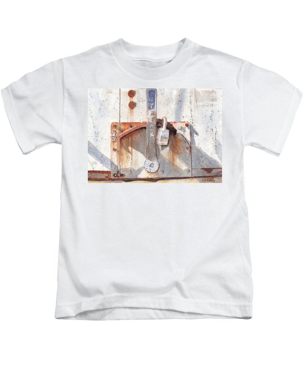 Semi Kids T-Shirt featuring the painting Work Trailer Lock Number One by Ken Powers