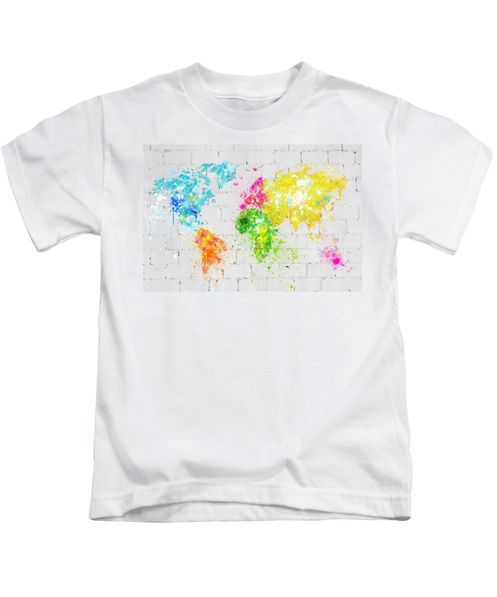 Adventure Kids T-Shirt featuring the painting World Map Painting On Brick Wall by Setsiri Silapasuwanchai